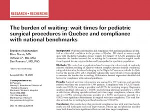 Publication Feature: The burden of waiting: wait times for pediatric surgical procedures in Quebec and compliance with national benchmarks