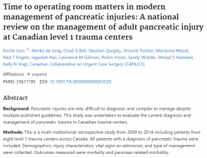 Time to operating room matters in modern management of pancreatic injuries: A national review on the management of adult pancreatic injury at Canadian level 1 trauma centers